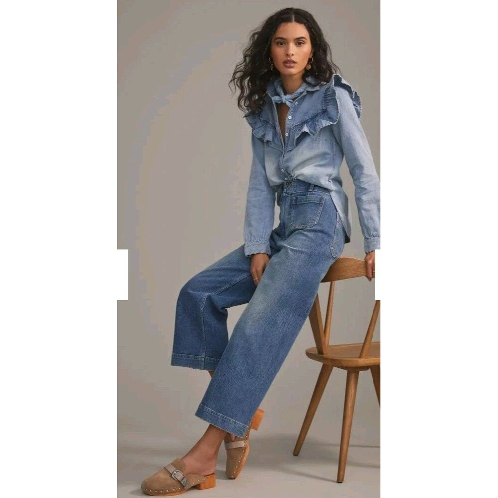 Anthropologie Pilcro The Skipper High Rise Wide Jeans Patch Pocket Sz 31 Blue